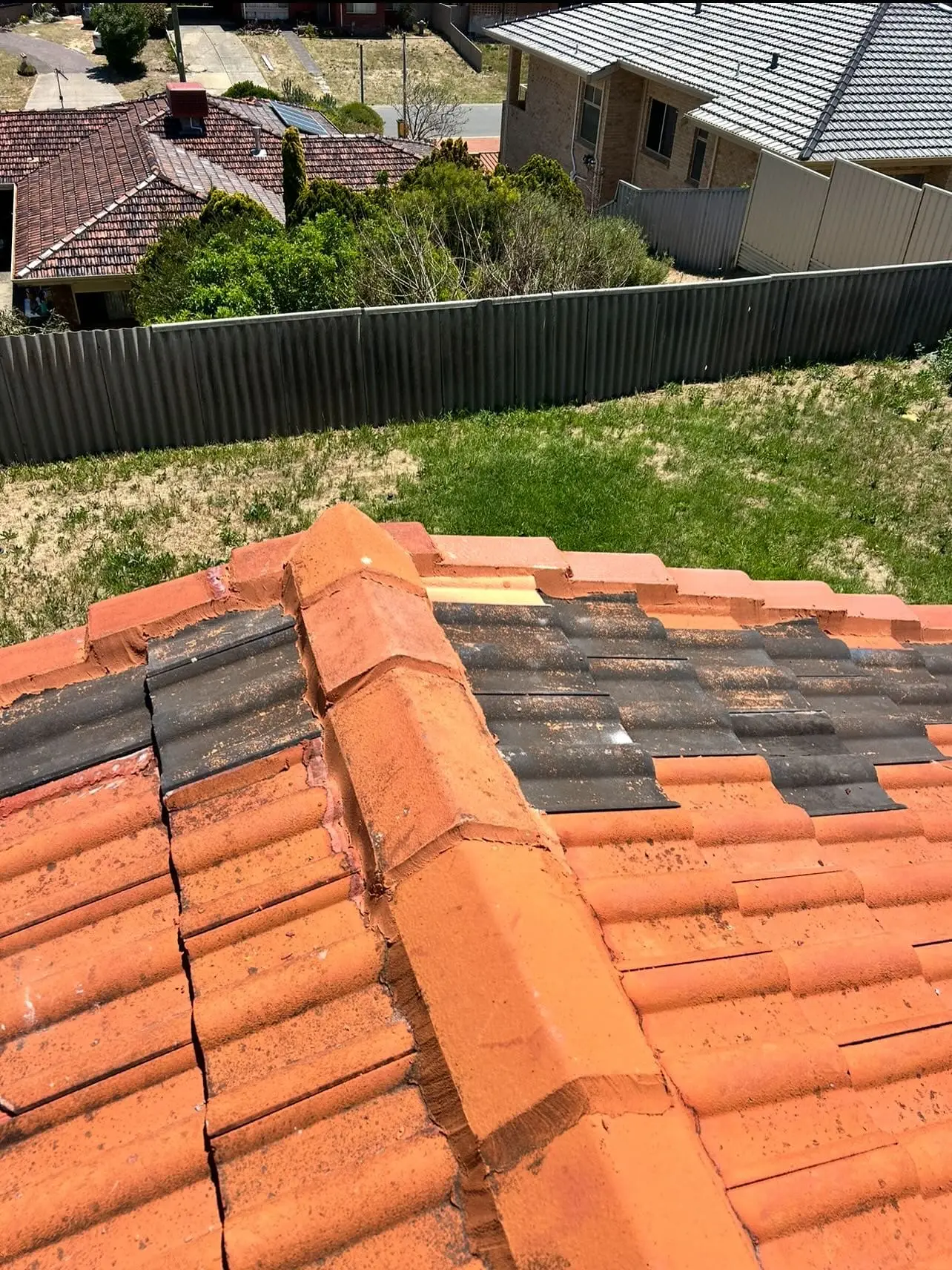 Terracotta hip and ridge with mixed tiles above a backyard