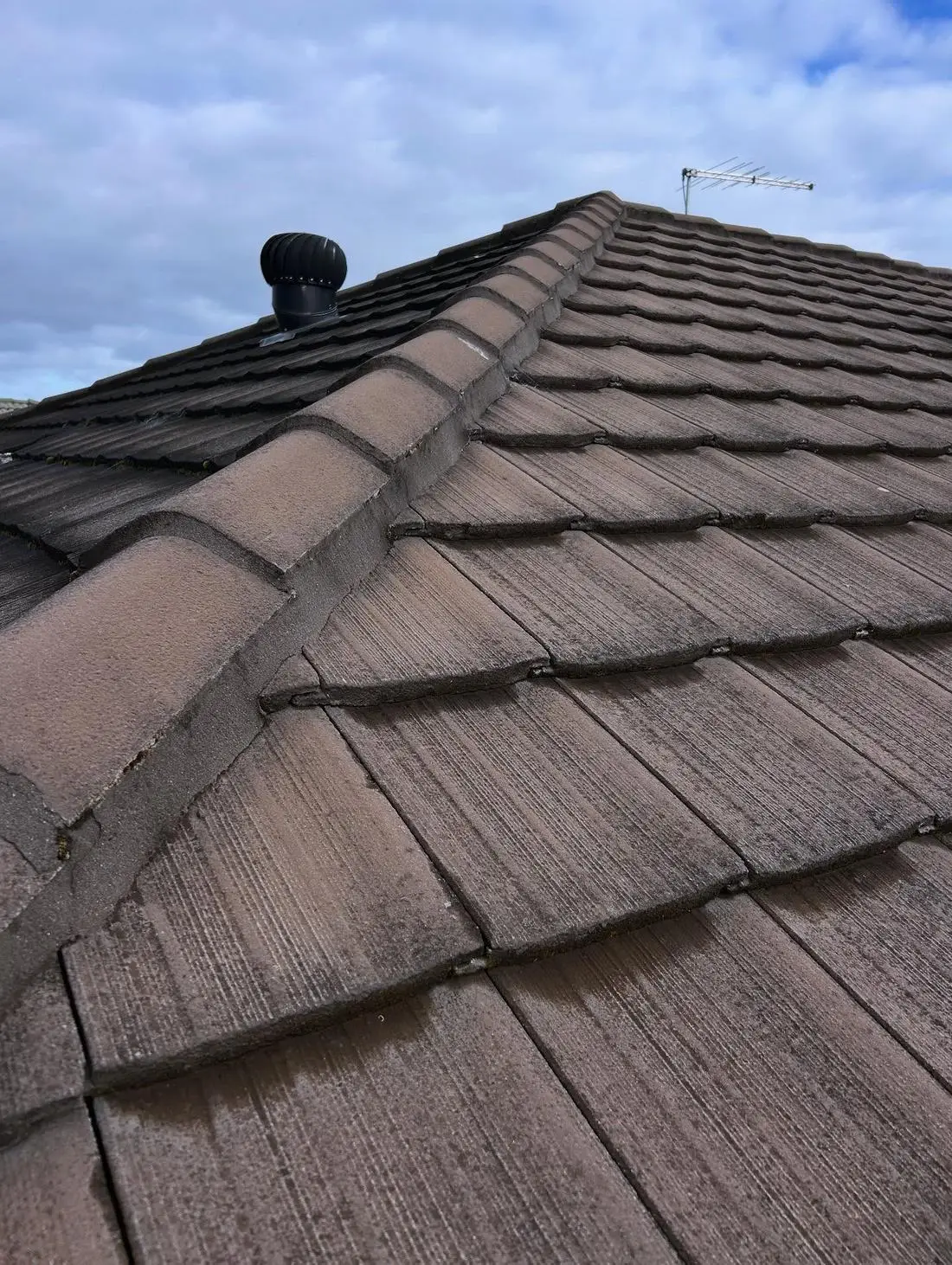 Ridge caps on a brown concrete tile roof